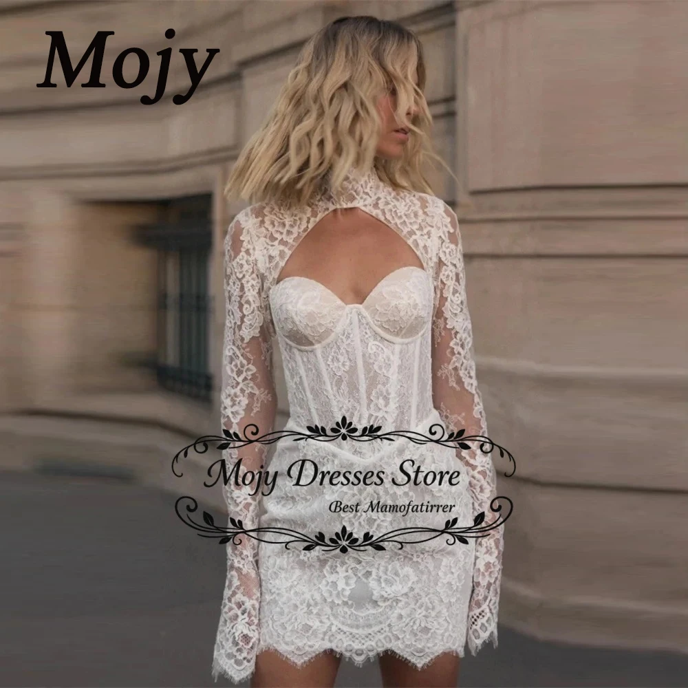 

Mojy 2026 Exquisite Sweetheart Full Lace Mini Wedding Dress Customized Vestidos Novias Boda High Neck Long Sleeves