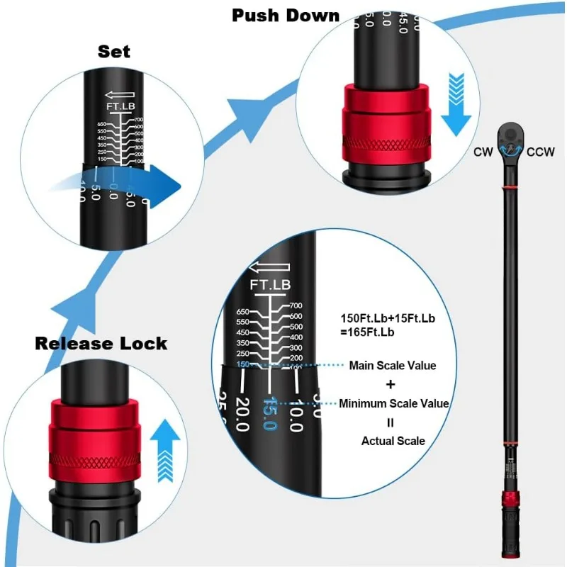 Chave de torque de 3/4 polegadas, direção dupla ajustável 48 dentes 100-700 pés.lb/135.5-948.5Nm, chave de torque de clique com fivela