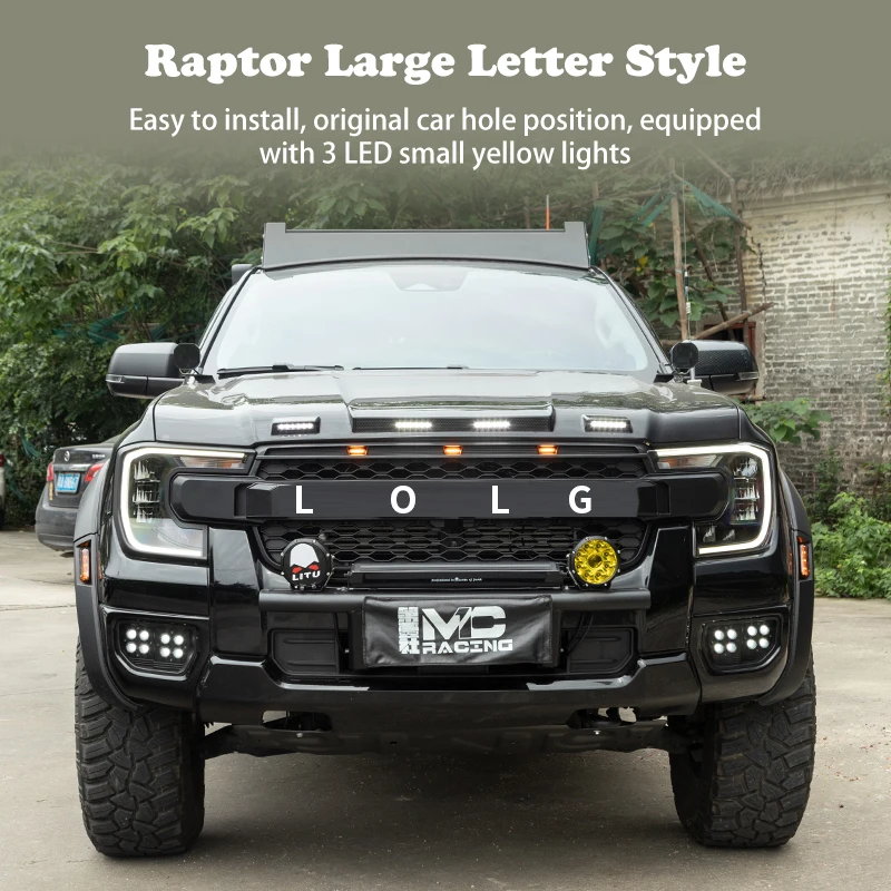 Front Grille fits for Ford Ranger T9 2023 2024 Everyone 2023 Raptor Style Grille W/Light Letters Matte Black Grille Assembly