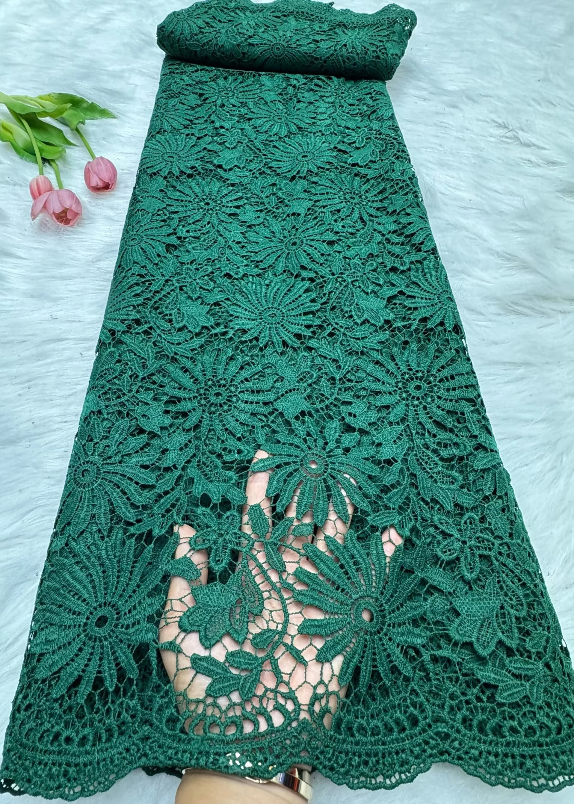 

5 Yards Nigerian Guipure Cord Lace Fabric 2025 High Quality African Mesh Milk Silk Embroidery Green Lace Fabric For Women H27-1