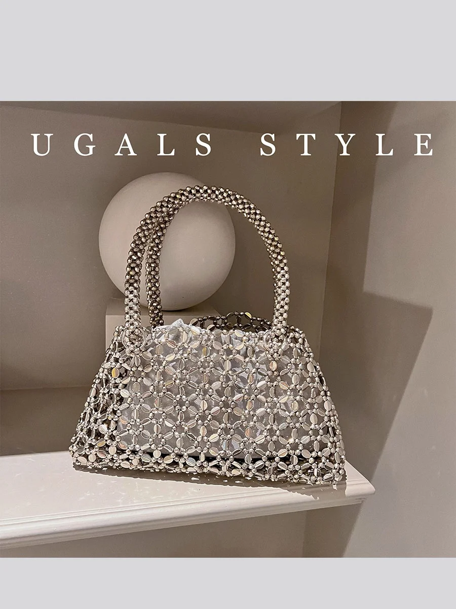 UGALS Retro Handcrafted Metal Silver Shiny Beaded Pearl Bright Tote Underarm Bag Casual Soft Polyester Lined Single Shoulder