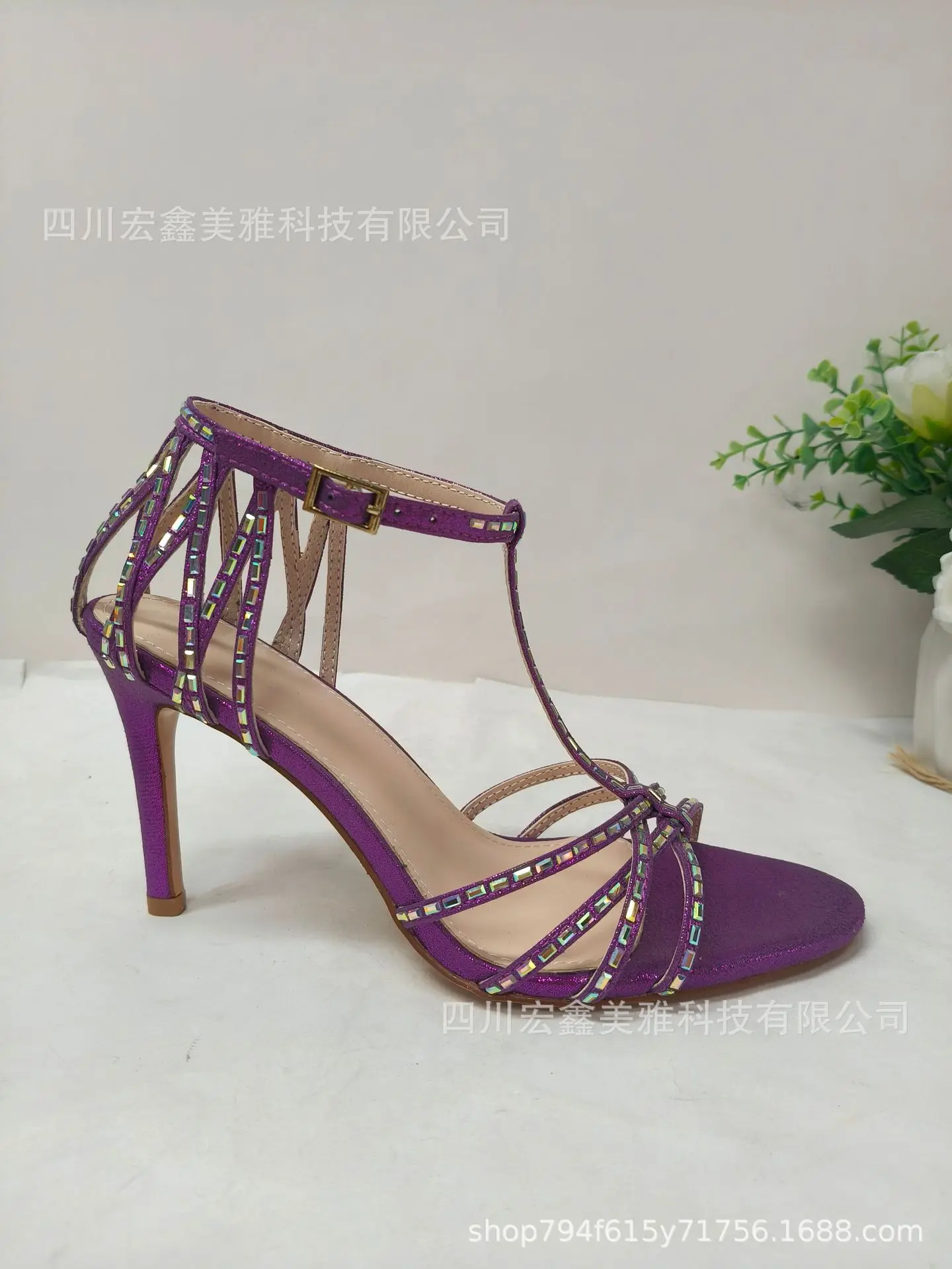 Women's stilettos glitter crystal T-strap leather sandals pink/gold/blue high heels luxury designer summer chic party shoes - view 4