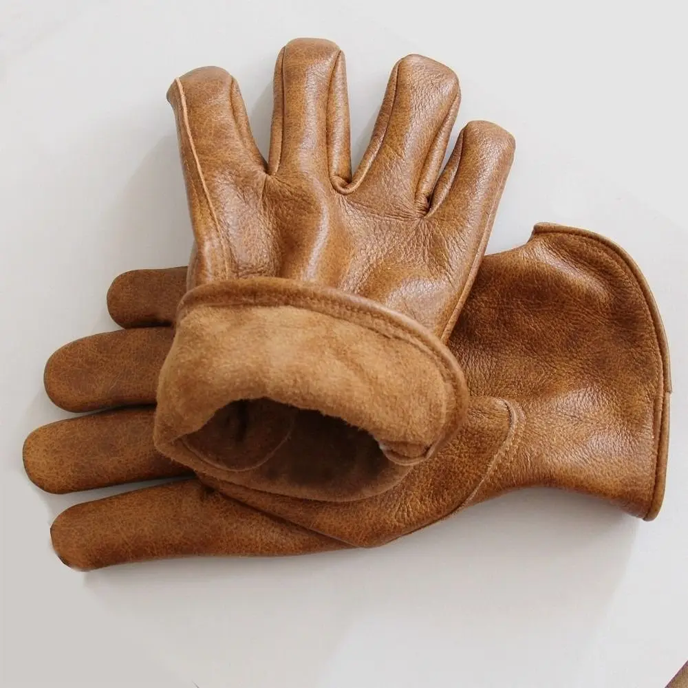 

1 pair Premium Cowhide Motorcycle Gloves Brown Color Heavy-Duty Leather Gloves Vintage Tie-Dye Riding Gloves Outdoor Biker