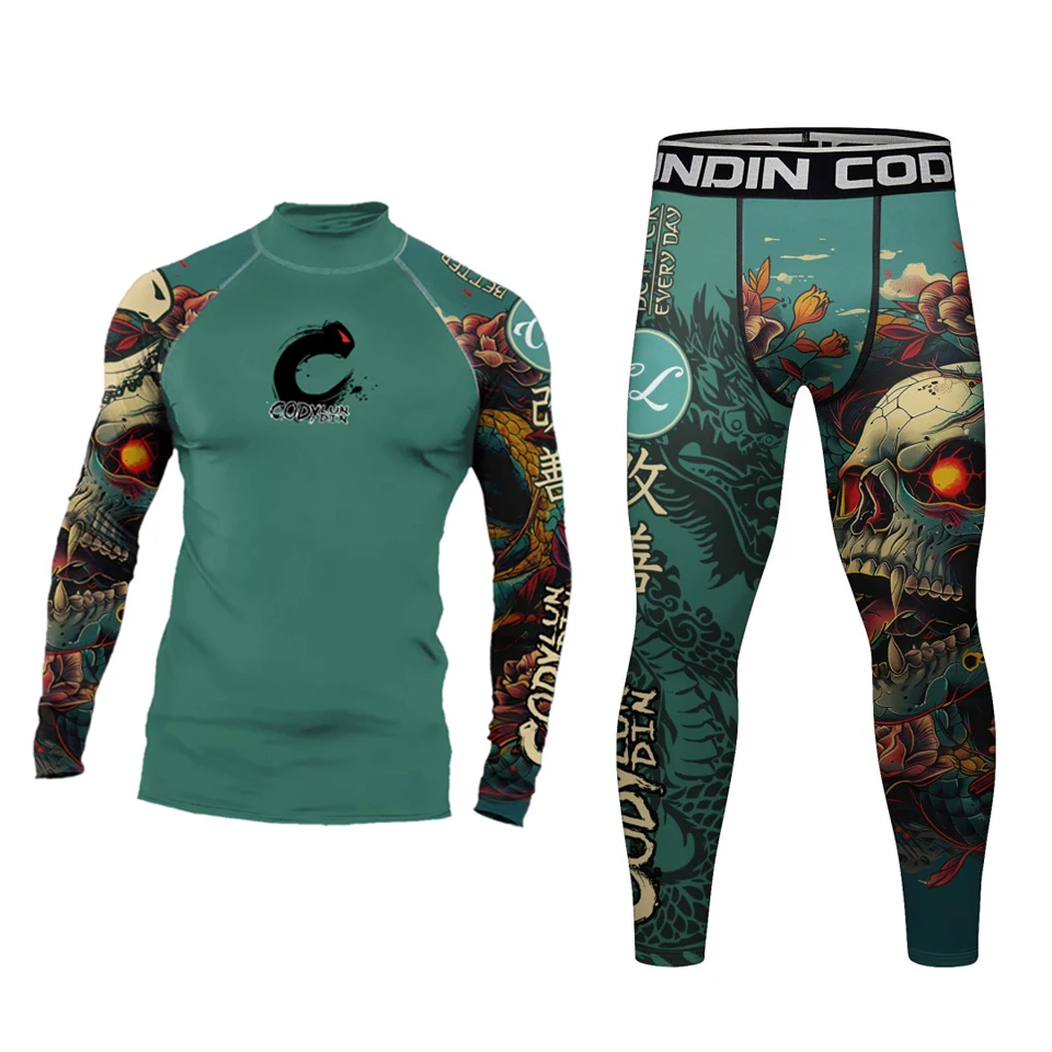 الرجال جيو جيتسو Rashguard MMA تي شيرت + السراويل للرجال 3 قطعة/المجموعة الملاكمة البرازيلي تصارع طفح الحرس مجموعات الملاكمة التايلاندية رياضية #2