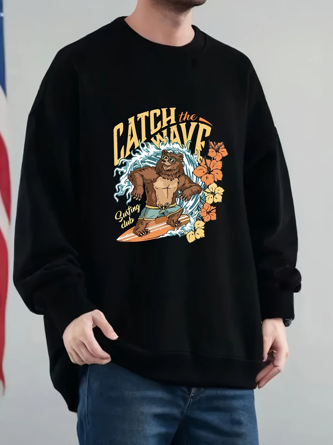 Men's Surf Sweatshirt Beige Crewneck Pullover with Catch The Wave Graphic Loose Long Sleeve Sweater for Beach Everyday Winter