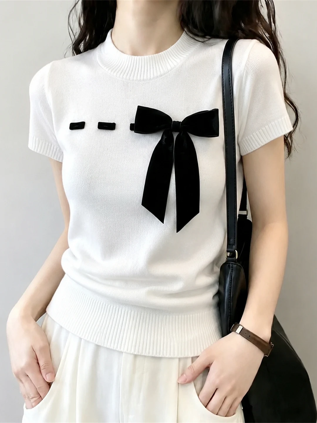 

Summer Ice Silk Knitted Short Sleeve Women's T-Shirt with Knot Design Comfortable Korean Style Straight Cut Top