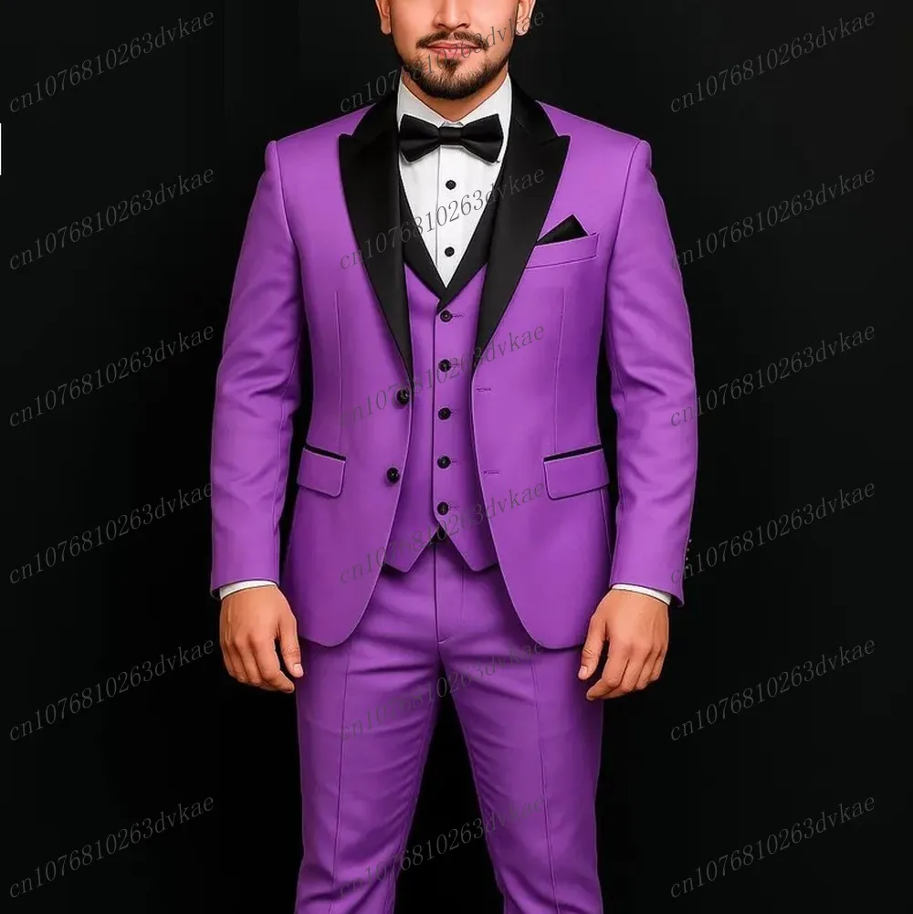 

Black Collar Purple Men Suit Wedding Party Formal Groom Groomsman Prom Business Male Tuxedos 3 Piece Set Jacket Vest Pants