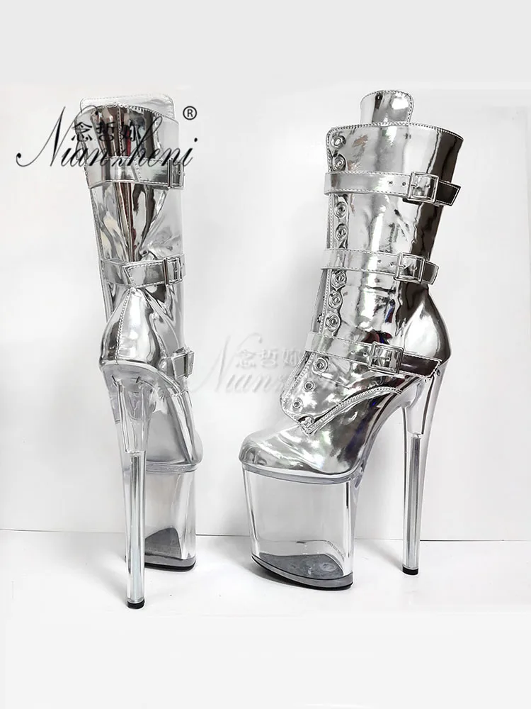 Stage Silver Shiny Surface Three-Piece Ankle Boots 20cm Crystal Catwalk Pole Dance Shoes Women\'s Gladiator Nightclub Round Toe