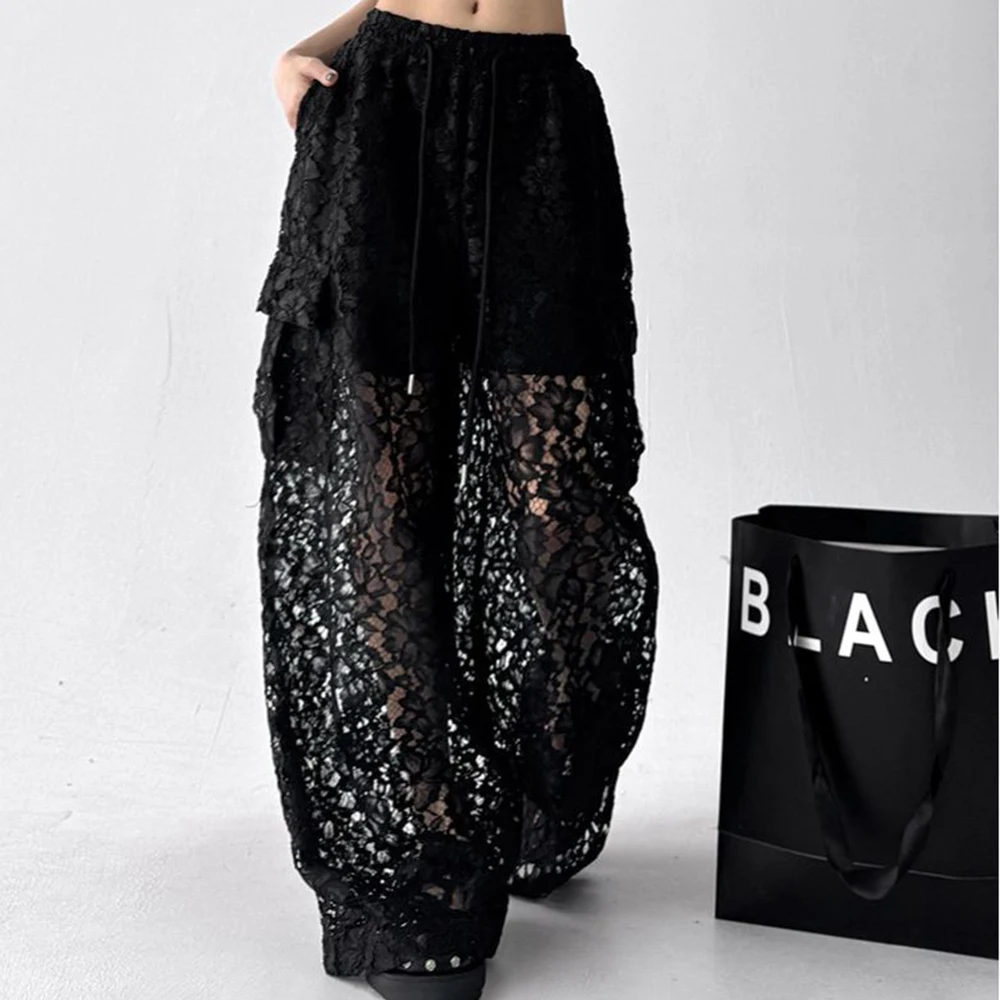 

Men's Solid Color Hollow Lace Trousers Unisex American Retro Fashion Trend Street Loose Casual Breathable Niche Men's Bottoms