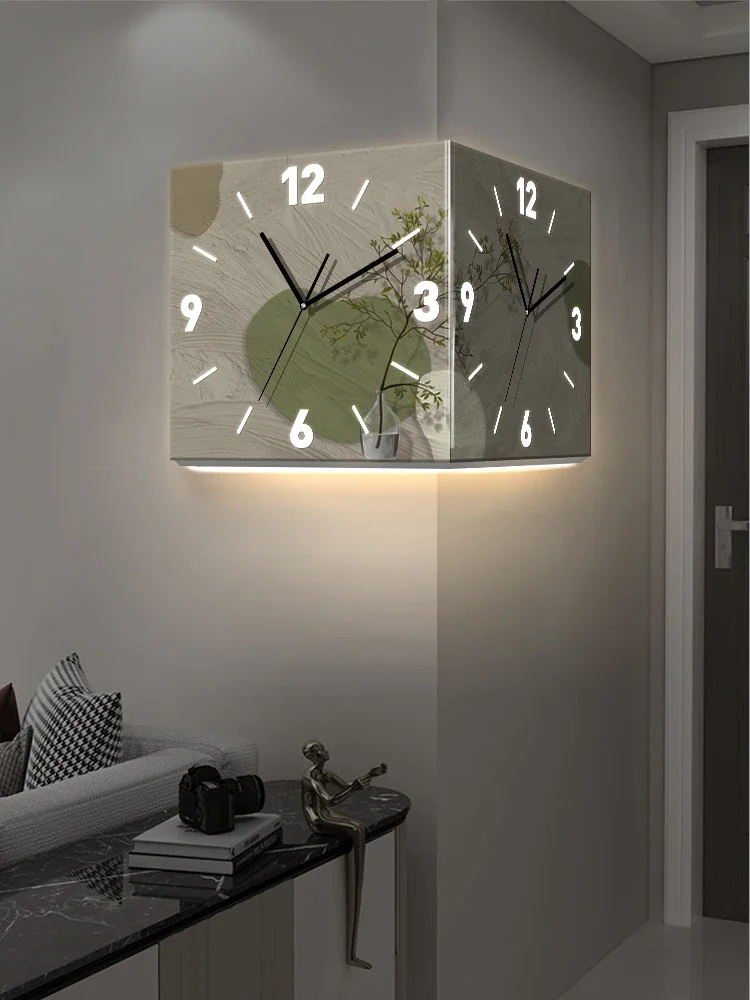 Wabi Silent Wind Living Room Corner Double Sided Wall Clock Abstract Simple Corner Clock Luminous Wall Light No Punching Wall Cl