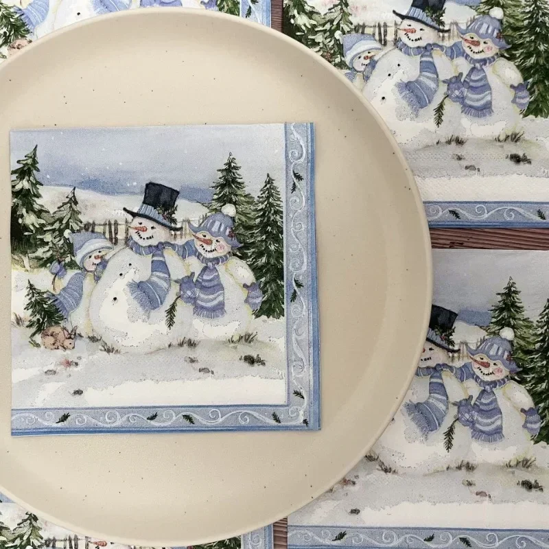 Servilletas navideñas de 2 capas, 10/20 piezas, 33x33cm, decoración para fiestas, papel, tres muñecos de nieve navideños, manteles individuales de papel impresos con dibujos animados
