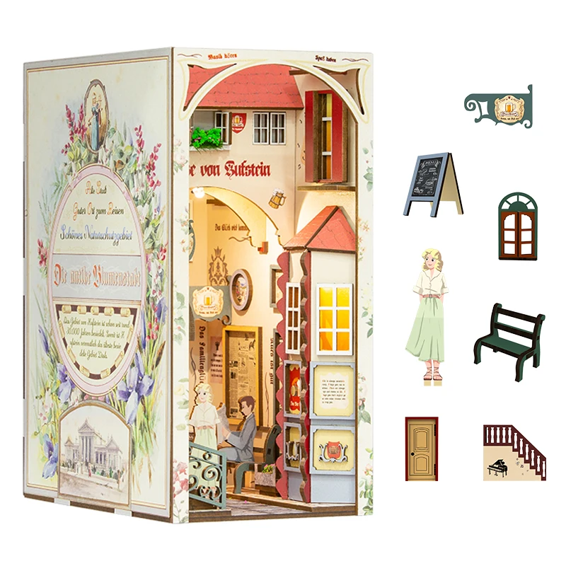 Fsolis DIY Book Nook Kit Miniature House with Furniture and Light Alley Book Shelf Insert 3D Bookends Building For Adult Gift