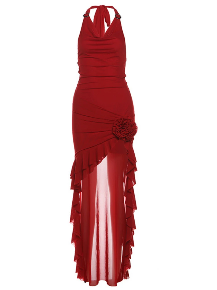 여름 홀터넥 거즈 Y2k 미적 드레스 streetwear 여성 불규칙한 프릴 그런지 드레스 하라주쿠 3d 꽃 bodycon vestidos