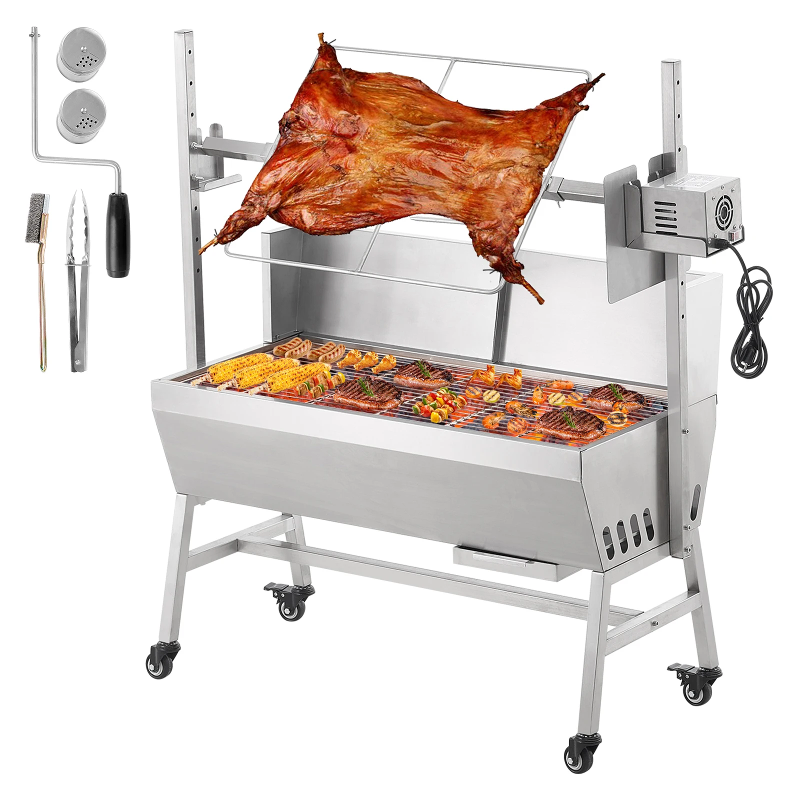 VEVOR Asador de carbón con parabrisas, para asar cerdo entero, cordero, cabra, 35 pulgadas, capacidad de 90 libras, motor eléctrico de 42 W, asador de acero inoxidable con ruedas bloqueables, para acampar al aire libre
