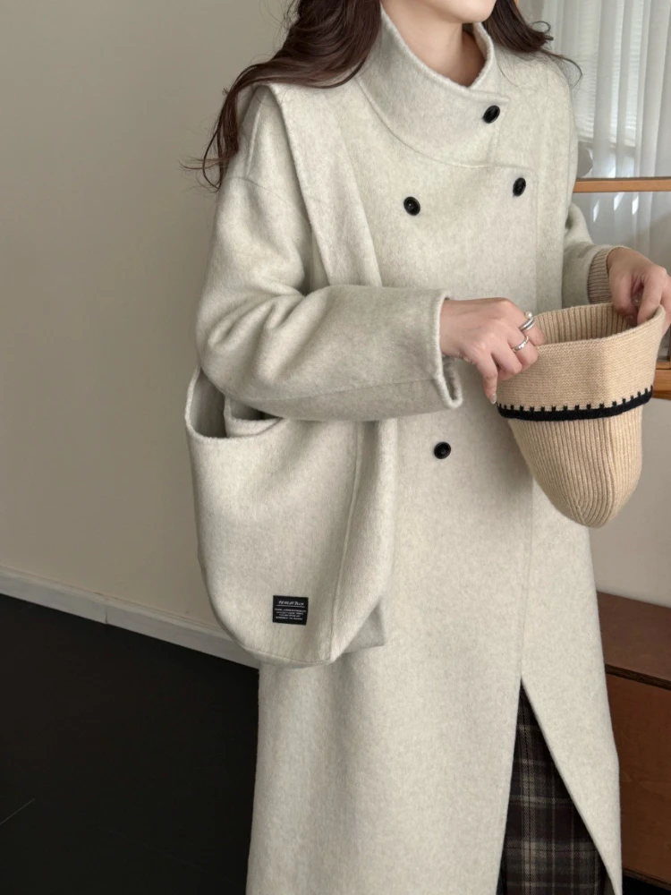 معطف صوف طويل جديد لعام 2025 لخريف/شتاء بربطة عنق مع حقيبة سترة نسائية فضفاضة موضة غير رسمية سميكة دافئة سترات صوفية على الوجهين #2