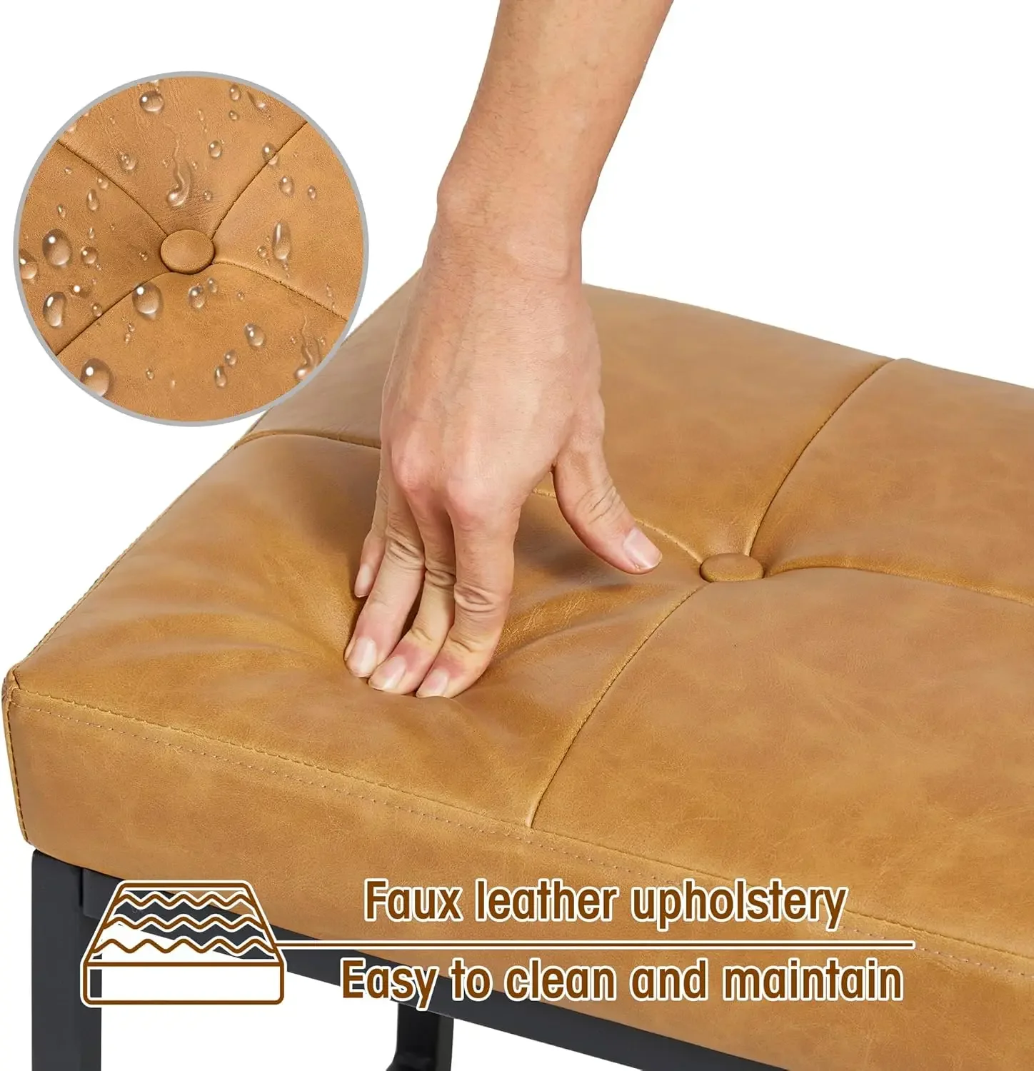 오토만 벤치 2개 팩, 금속 프레임이 있는 현대적인 PU 가죽 화장대 의자, 연한 갈색