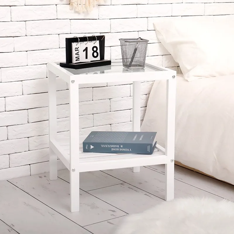 Wuli Ins Bedside Table Small Apartment Solid Wood Bedroom Transformation Tempered Glass Rack Homestay Wind Bedside Few  New 2024