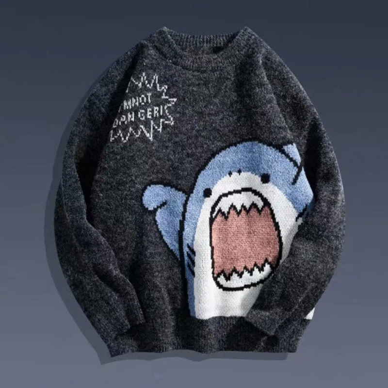 Women Men Cartoon Shark Print Sweater Round Neck Long Sleeve Oversized Pullover Top Harajuku Hip Hop Loose Knit Jumper Dropship