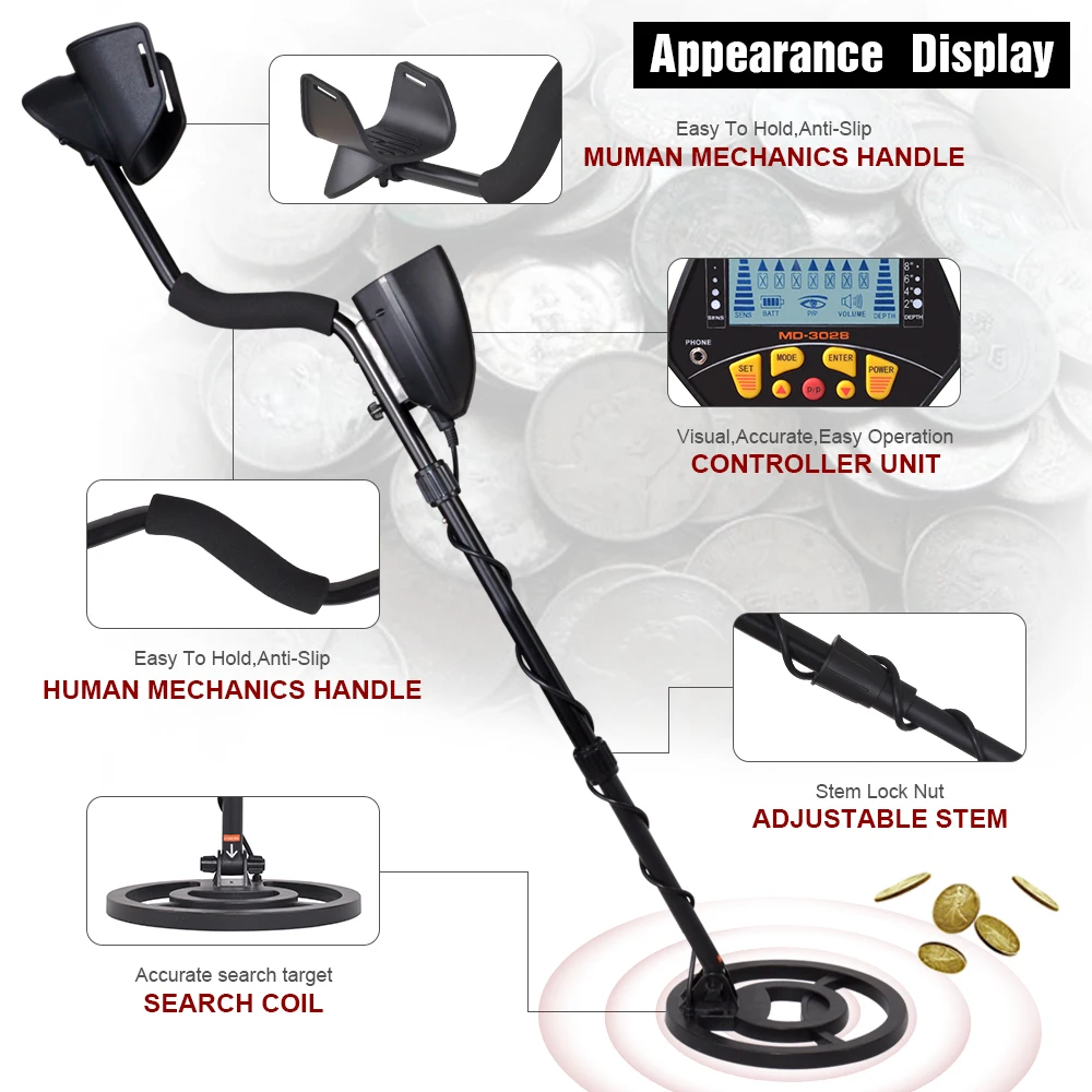 High Accuracy Metal Detector for Adults and Kids, LCD Display, Waterproof Search Coil, Pinpoint Function, DISC Mode, MD-3028