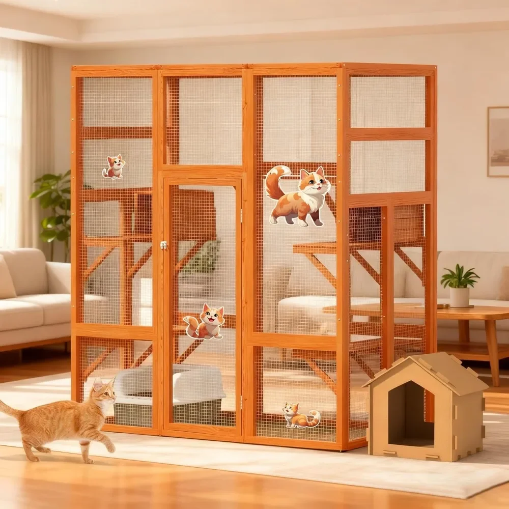 

0Inches Large Spacious Wooden Outdoor Catio with Perches and Condos, Cat Catio Enclosures Indoor Kitty Window Kennel