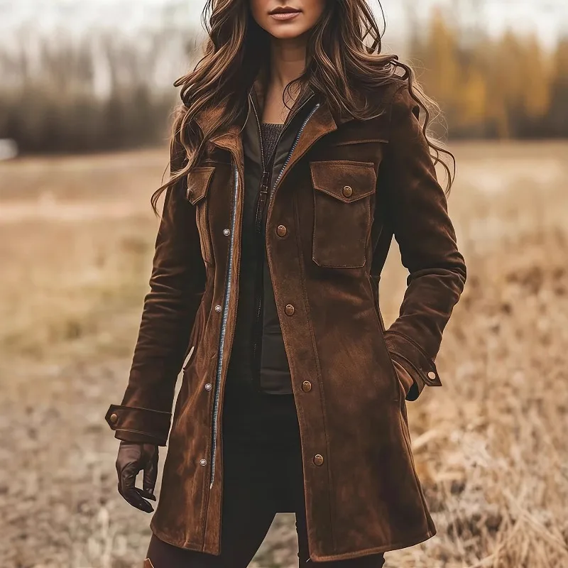 

Autumn and Winter Retro Coat Women's Lapel Brown Deerskin Velvet Casual Jacket Warm Temperament Medium and Long Coat