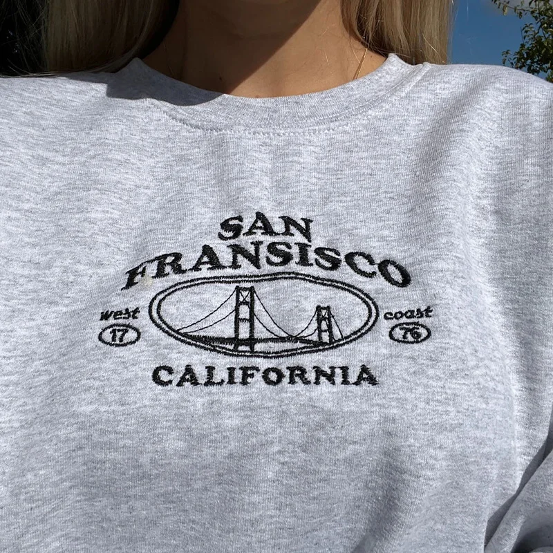 San Fransisco Golden Gate Bridge Embroidered Pullovers Women Gray Loose Cotton Thick Autumn Outfits Retro Style Sweatshirts