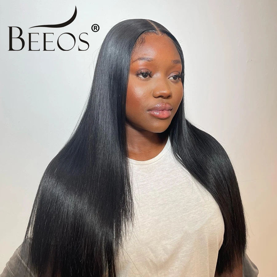 BEEOS-Peluca de cabello humano liso con cierre de encaje HD, pelo predespuntado sin pegamento, color negro azabache, 2x6