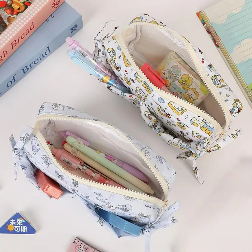 Durable Kitten Bowknot Pen Bag Large Capacity Multifunctional Stationery Bag Multilayer Stationery Storing Bag Students