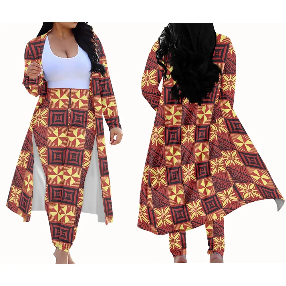 Polynesian Tribal Samoa Retro Brown Fiji Tapa Print Custom Two Piece Comfortable Kimono Suit Women\'s Long Sleeve Cardigan Set