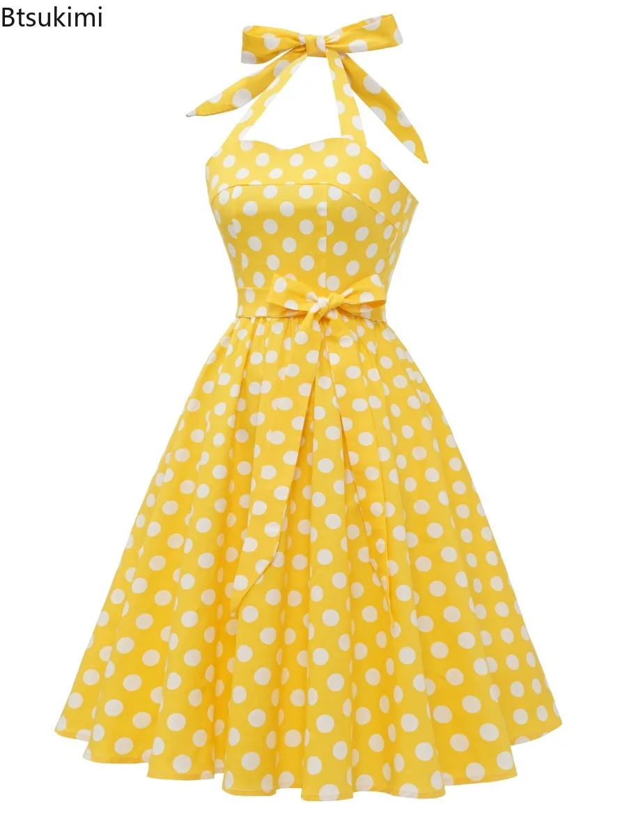 レディースヴィンテージ水玉Aラインロングドレスホルターレースアップバックレスハイウエストパーティードレスノースリーブカクテルフォーマルドレス