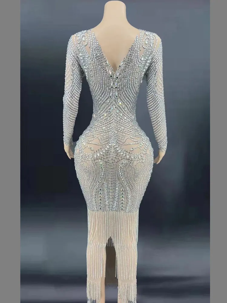 Women Long Sleeve Sexy See Through Mesh Performance Costume Top New Silver Rhinestones Chain Bodycon Long Dress Stage Outfit