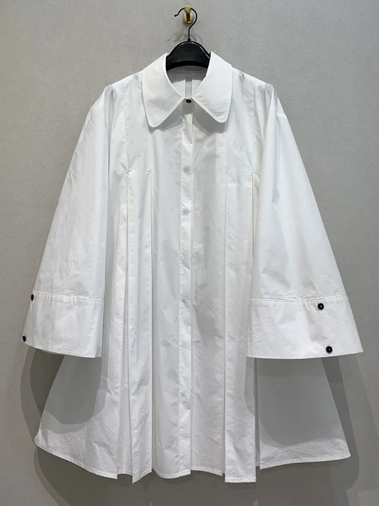 [EWQ] Japan Style White Women Shirt Dress Lapel Loose Single Breasted  Cotton Long Slevee Overknee Pleated Dresses 2024 Autumn