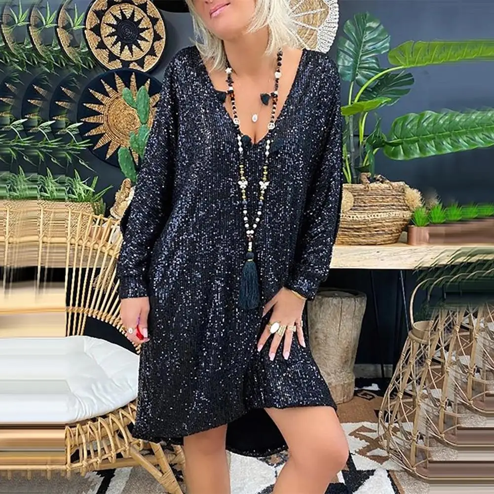 Shiny Sequins Oversized Beach Dress Long Sleeve High-low Hem Sequins Simple Casual Elegant Holiday Dress Party Lady Midi Dress