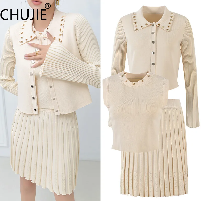 

CHUJIE 2025 Early Autumn Knit 3-Piece Set - Metal Ring Turn-Down Collar Coat + Sleeveless Vest & Mini Skirt, Slim Fit