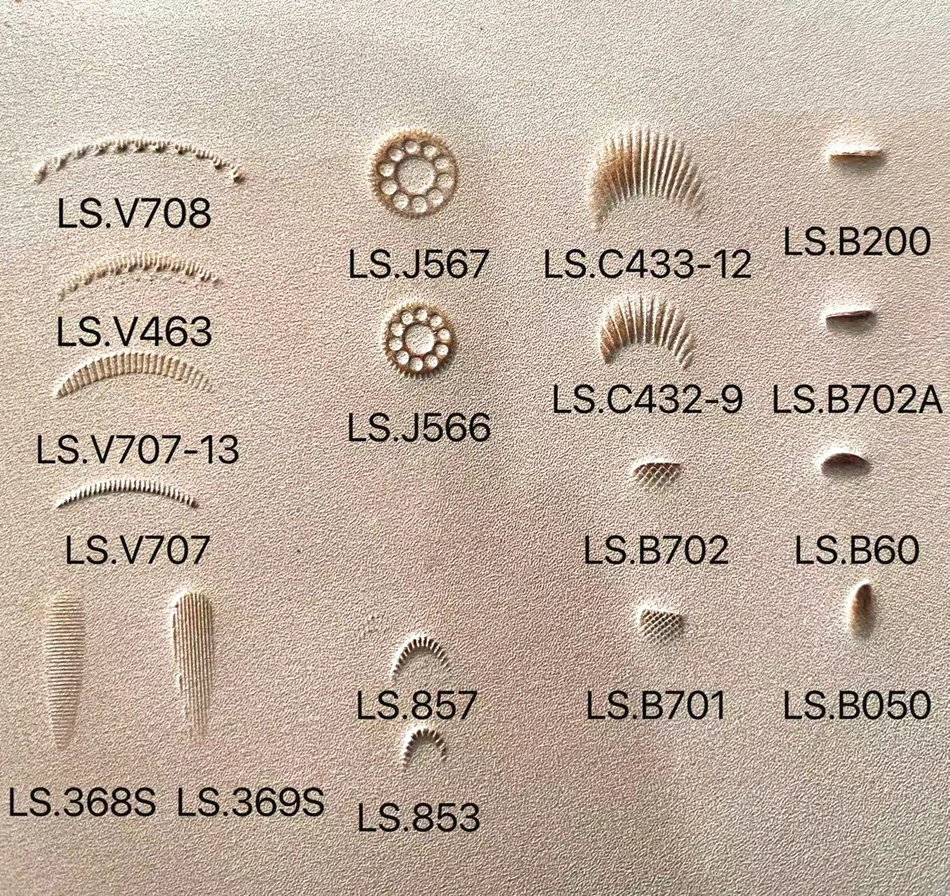 

Leather/leatherwork, Tang Dynasty motifs. Basic 18-piece alloy embossing tool set, flower core, web pattern, edge treatment.