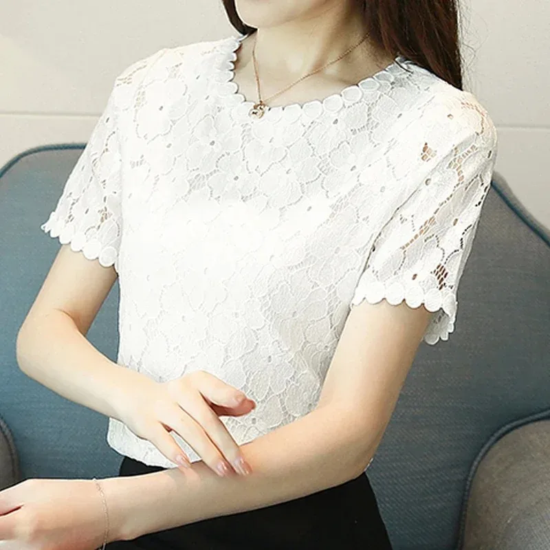 Casual O-neck Women\'s Clothing Fashion Hook Hollow Flower Blouse Summer Short Sleeve Shirt Elegant White Lace Tops Blusas D710