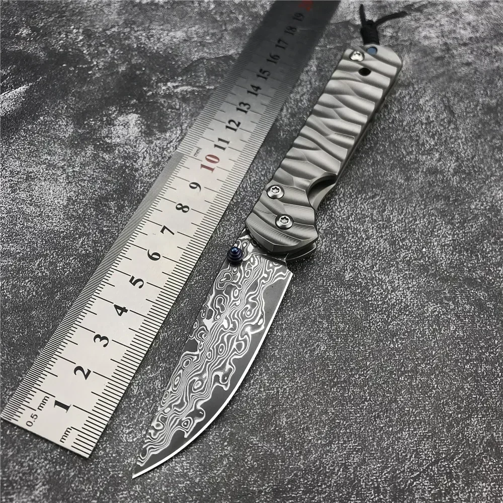 Cuchillo plegable de acero CR Damasco/D2 de alta dureza, mango de aleación de titanio, herramientas EDC tácticas en el desierto portátiles para exteriores