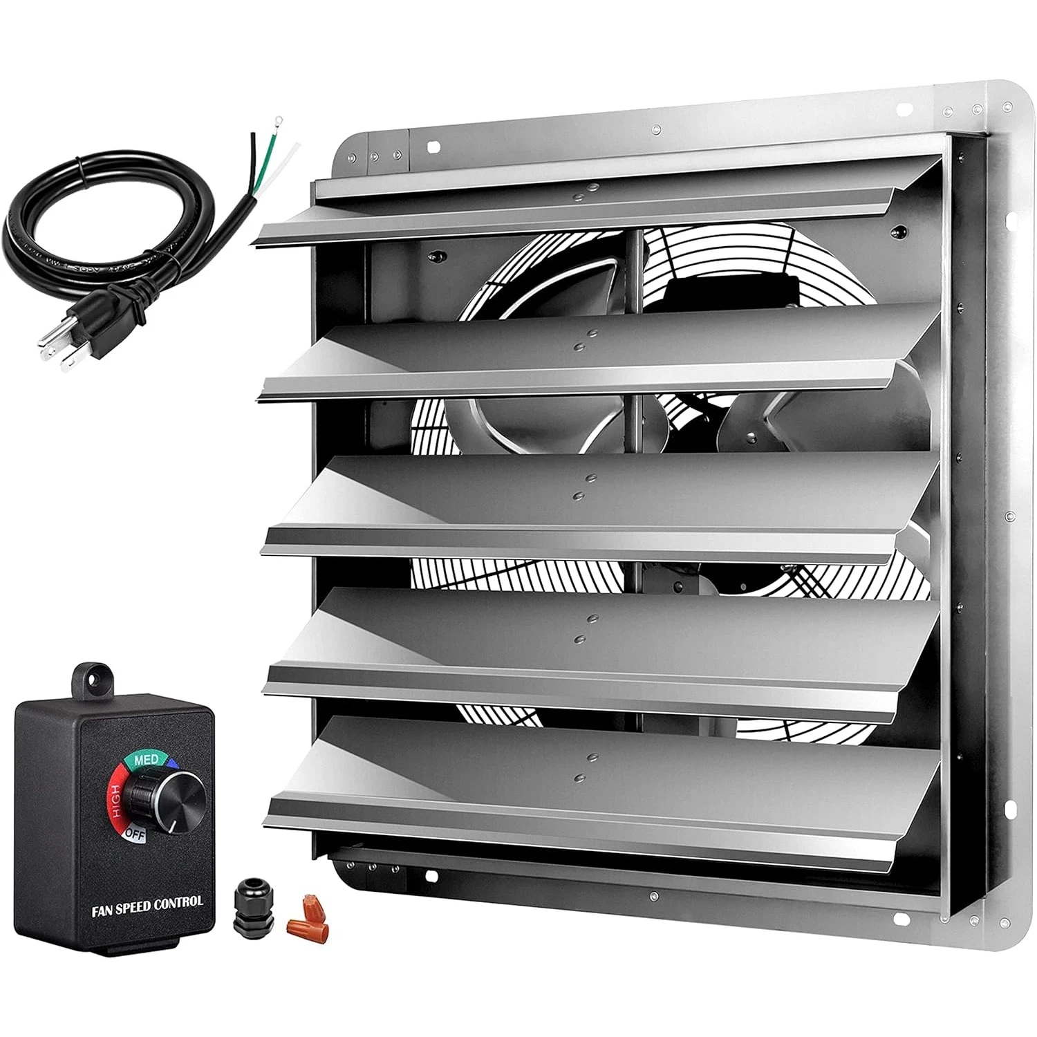 

20 Inch Wall Mounted Shutter Exhaust Fan with Speed Controller and Power Cord Kit, Aluminum, 1200 RPM, 3368 CFM, for Attic