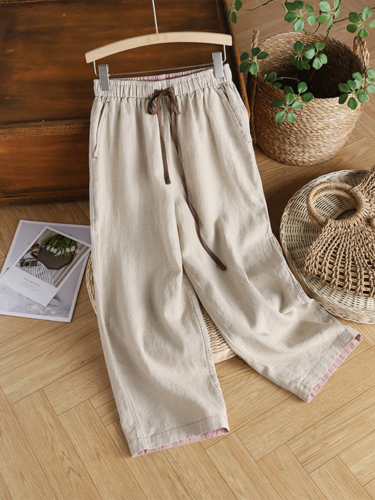Retro Pure Color Cotton Linen Wide Leg Pants Summer plus Size Women's Faionable Elastic Waist Casual Straight Nine-Piece Pants
