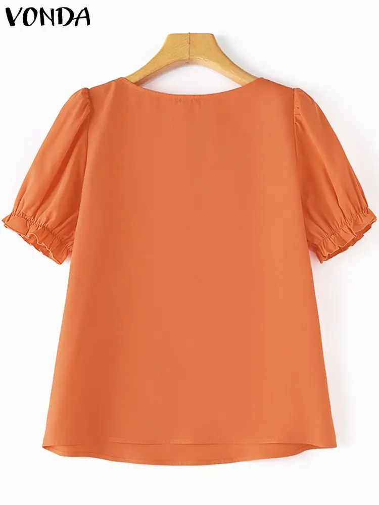 Vonda Vrouwen Elegante Blouse 2024 Korte Pofmouw Zomer Ruches Shirts Effen Kleur Vierkante Hals Tot Oversized Casual Losse Blusa 'S