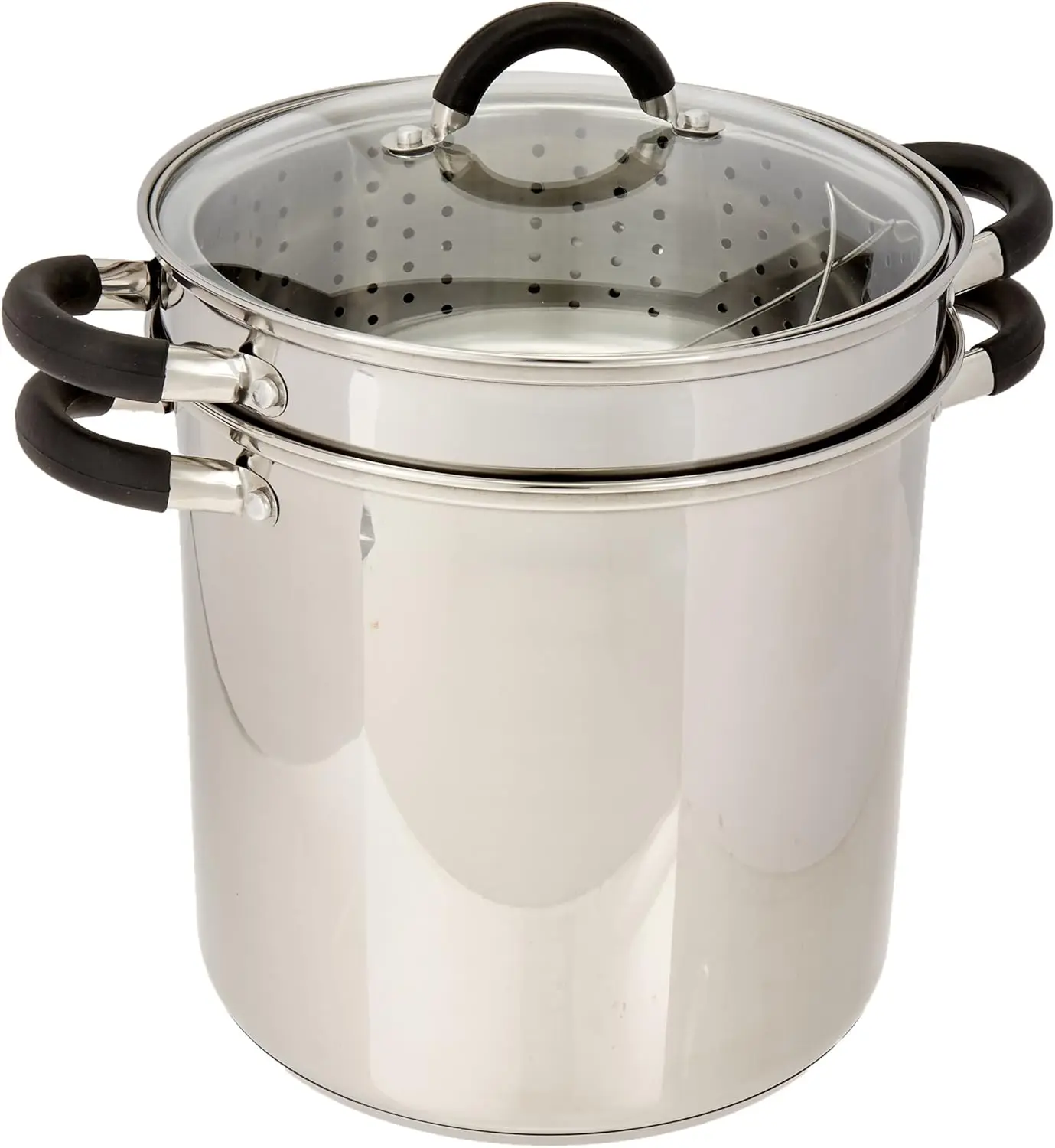 

12 Qt Multifunction Stainless Steel Pasta Cooker with Encapsulated Base, Vented Glass Lid, and Riveted Silicone Cover