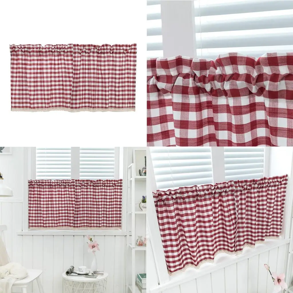 European Rural Gingham Farmhouse Window Curtain Tie Up Shade