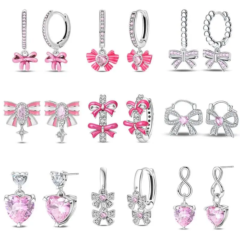 Hapilife 925 Sterling Silver Romantic Pink Bow Earrings Sparkling Heart-Shaped Zircon Earring Studs For Women Wedding Jewelry