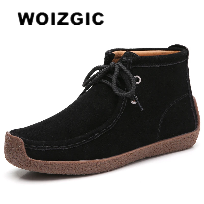 WOIZGIC Women Mother Female Ladies Genuine Leather Shoes Platform Ankle Boots Lace Up Retro Autumn Plus Size 41 42