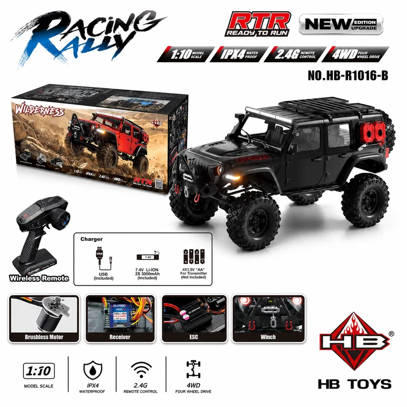 HBToys HB‑R1016‑B 1/10 RC Crawler Car 4WD 2.4G Brushless Off‑Road Vehicle IPX4 Waterproof RTR RC Truck With Winch LED Light Gift