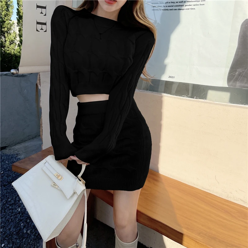 Elegante Herbst Winter Gestrickte 2 Stück Set Chic Frauen Sexy O Neck Pullover Crop Top + Bodycon Mini Rock Koreanische anzug