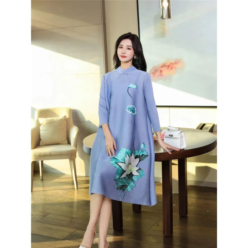 Retro printed standing collar improved cheongsam dress with 3/4 sleeves pleated dress spring/summer 2023 dress female tops