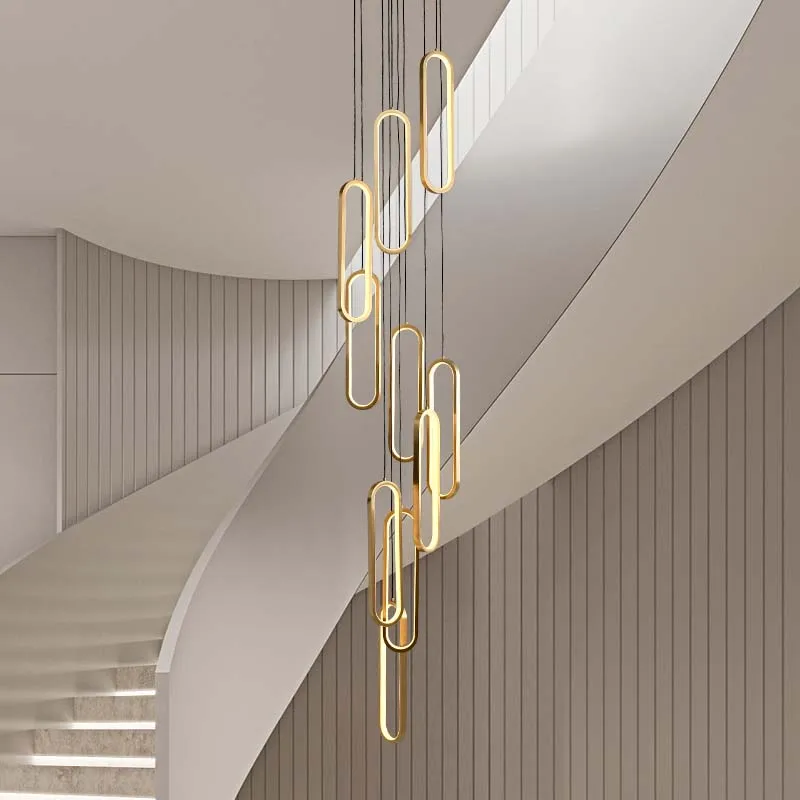 Moderno longo led escada lustre minimalismo preto teto interior pendurado lâmpada de luxo decoração para casa ouro cobre luminária