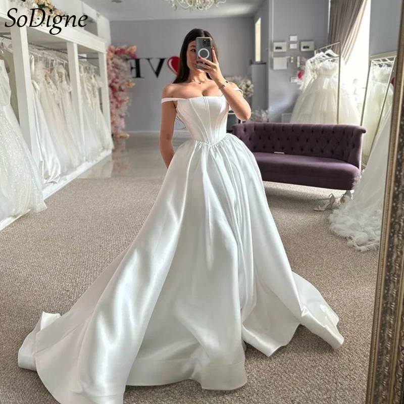 

SoDigne A-line Wedding Dresses Off Shoulder Satin Simple Sleeveless Bridal Dress Customized Elegant Bride Gown vestidos de novia