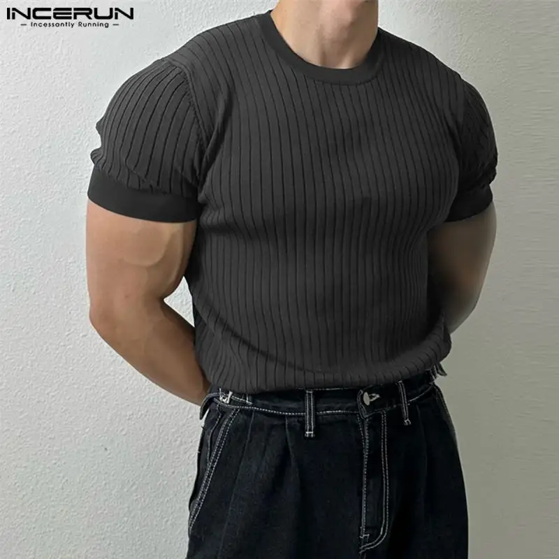 INCERUN Men T Shirt Solid Color Striped O-neck Short Sleeve Summer Casual Men Clothing Streetwear 2023 Fitness Fashion Tee Tops